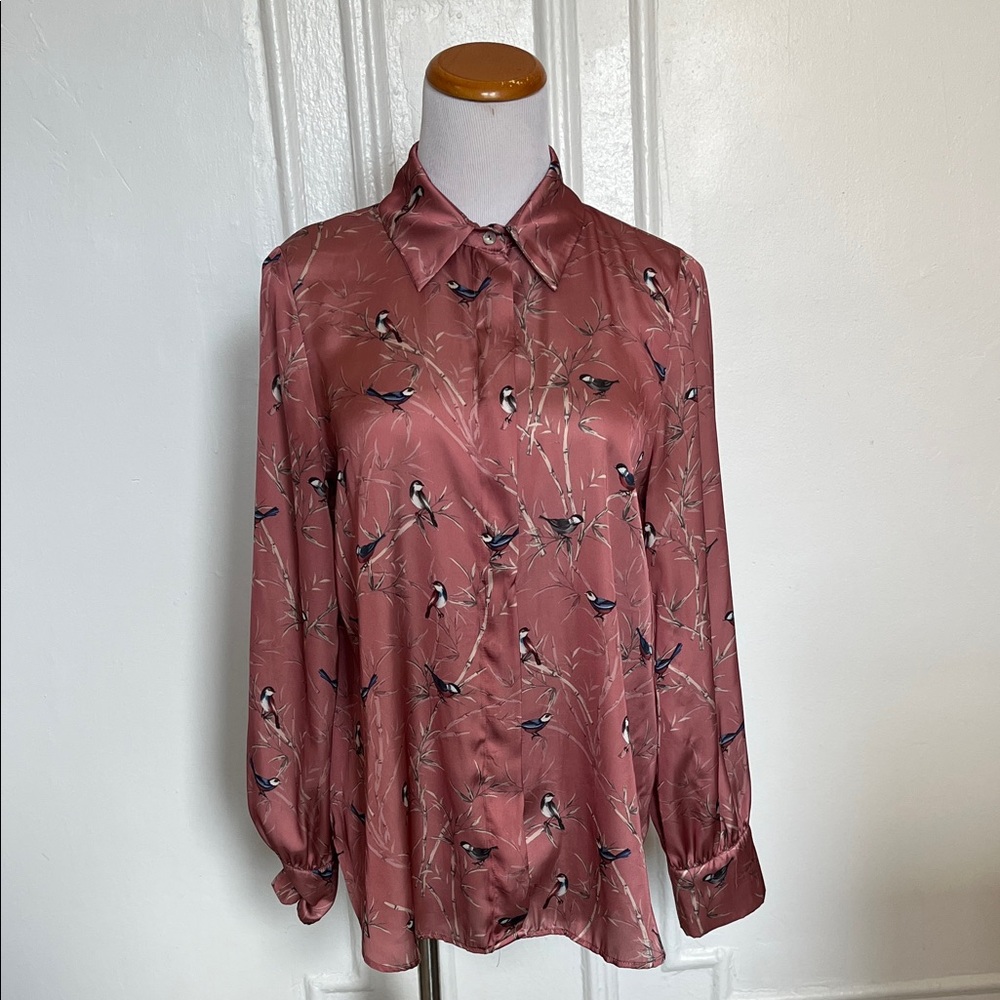 Zara (France) Perched Bird Printed Satin Button Up Shirt in Pink